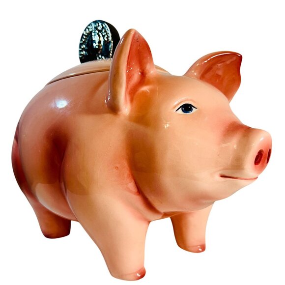 Vtg Clay Art Hand Painted Piggy Cookie Jar 1999 Unique Lid with Chrome Coin READ - Picture 2 of 10